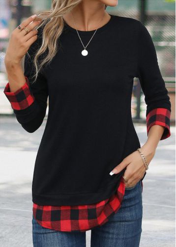 Red Patchwork Plaid Long Sleeve Round Neck T Shirt - unsigned - Modalova