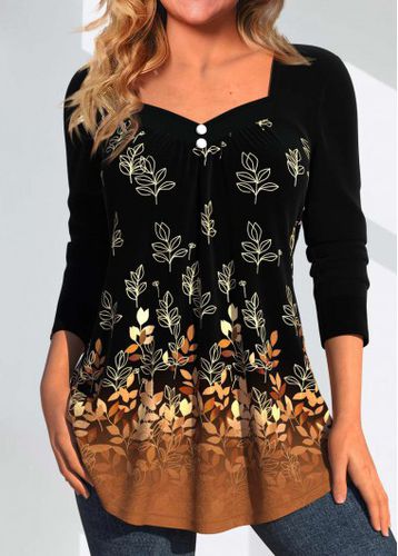 Dark Camel Button Random Floral Print T Shirt - unsigned - Modalova