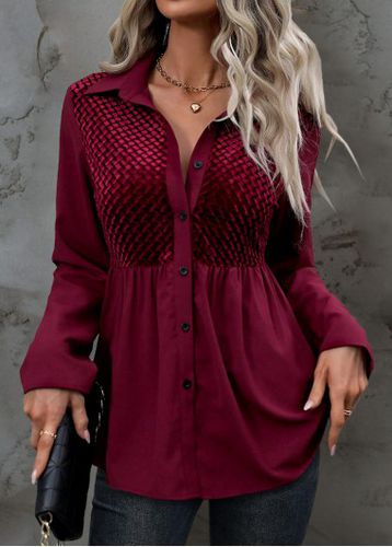 Dark Reddish Purple Velvet Long Sleeve Shirt Collar Blouse - unsigned - Modalova