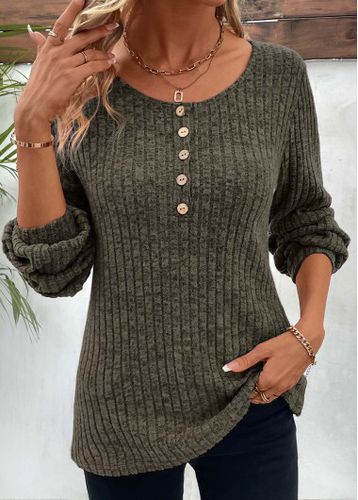 Olive Green Button Long Sleeve Round Neck T Shirt - unsigned - Modalova