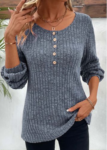 Dusty Blue Button Long Sleeve Round Neck T Shirt - unsigned - Modalova