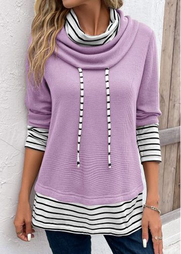 Light Purple Patchwork Striped Long Sleeve Cowl Neck Sweatshirt - unsigned - Modalova