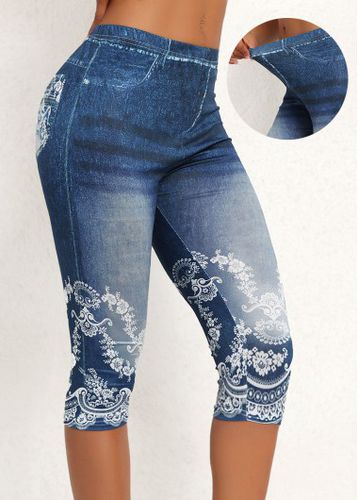 Denim Blue Floral Print Skinny Elastic Waist Pants - unsigned - Modalova