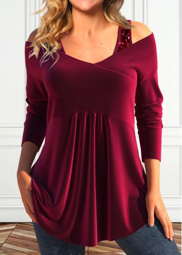 Wine Red Sequin Long Sleeve V Neck T Shirt - unsigned - Modalova