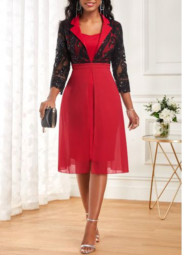 Wine Red Embroidery Three Quarter Length Sleeve Dress - unsigned - Modalova