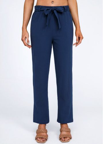 Navy Bowknot Belted High Waisted Pants - unsigned - Modalova