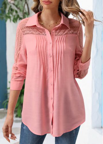 Pink Lace Long Sleeve Shirt Collar Blouse - unsigned - Modalova