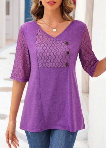 Purple Lace Half Sleeve V Neck T Shirt - unsigned - Modalova