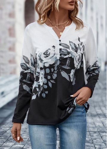 Black Button Floral Print Long Sleeve T Shirt - unsigned - Modalova