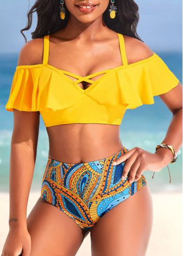 Ruffle Mid Waisted Paisley Print Yellow Bikini Set - unsigned - Modalova