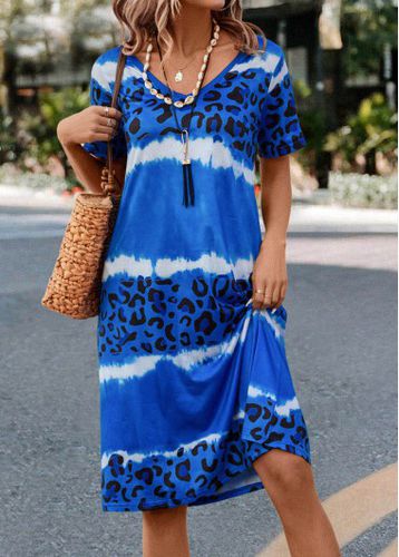 Blue Leopard H Shape Short Sleeve Dress - unsigned - Modalova