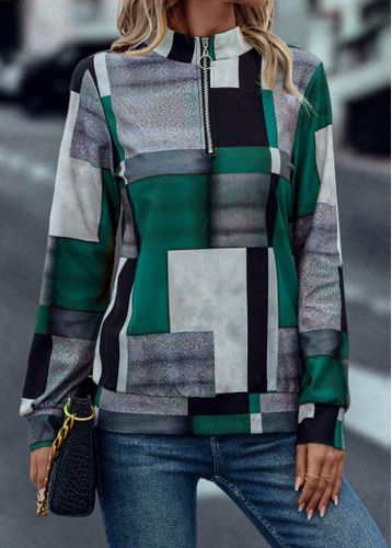 Turquoise Zipper Geometric Print Long Sleeve Sweatshirt - unsigned - Modalova