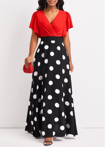 Black Patchwork Polka Dot Short Sleeve Maxi Dress - unsigned - Modalova