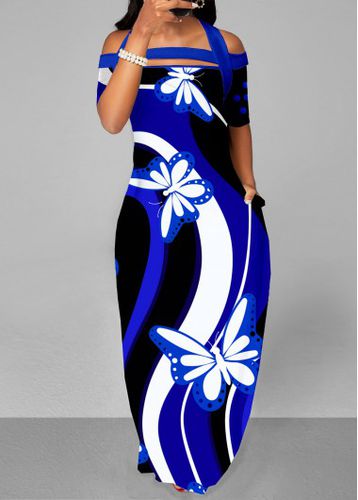 Royal Blue Double Side Pockets Butterfly Print Dress - unsigned - Modalova