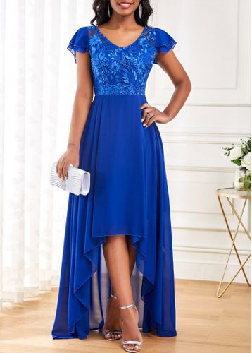 Royal Blue Lace Short Sleeve High Low Dress - unsigned - Modalova