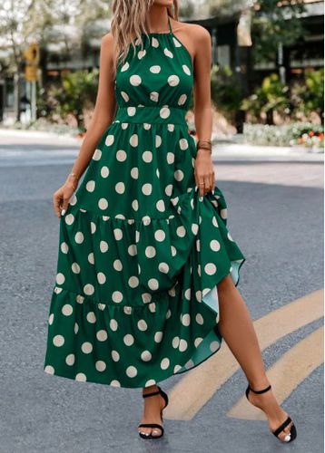 Green Tie Polka Dot Strappy Halter Maxi Dress - unsigned - Modalova