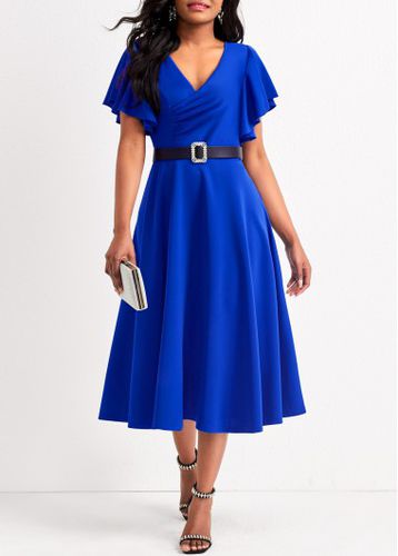 Royal Blue Smocked Short Sleeve V Neck Dress - unsigned - Modalova
