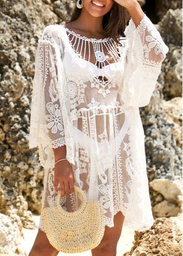 Embroidered White Cage Neck Sheer Cover Up - unsigned - Modalova