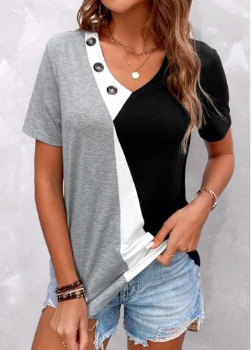 Grey Button Short Sleeve V Neck T Shirt - unsigned - Modalova
