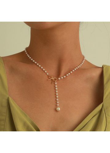 Gold Bowknot Design Pearl Detail Necklace - unsigned - Modalova