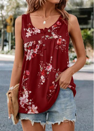 Wine Red Button Floral Print Tank Top - unsigned - Modalova