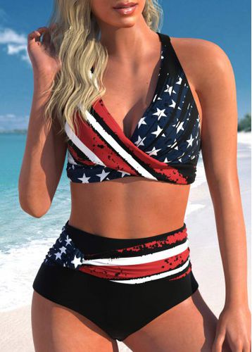 Criss Cross American Flag Print Black Bikini Top - unsigned - Modalova