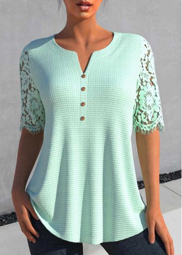 Light Green Tuck Stitch Half Sleeve Blouse - unsigned - Modalova