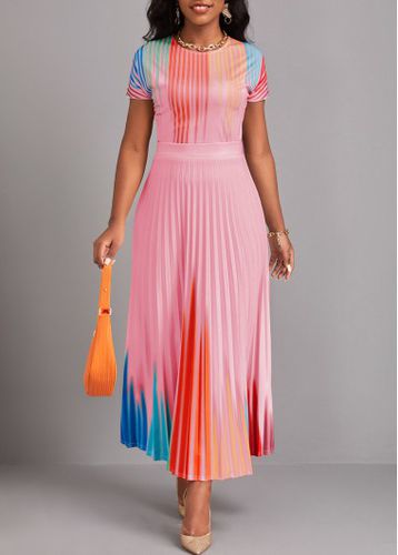 Pink Pleated Ombre Short Sleeve Round Neck Maxi Dress - unsigned - Modalova