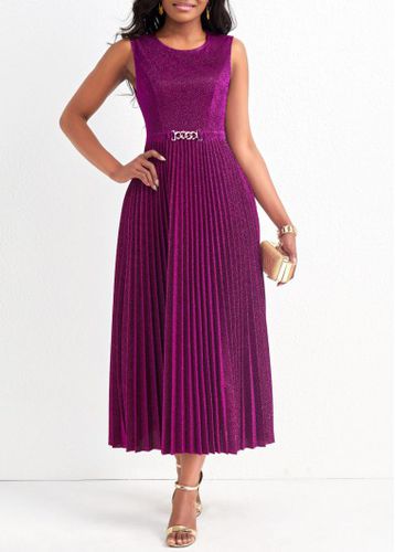 Dark Reddish Purple Pleated Shinning Sleeveless Round Neck Dress - unsigned - Modalova
