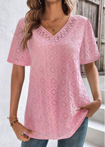 Pink Lace Half Sleeve V Neck T Shirt - unsigned - Modalova