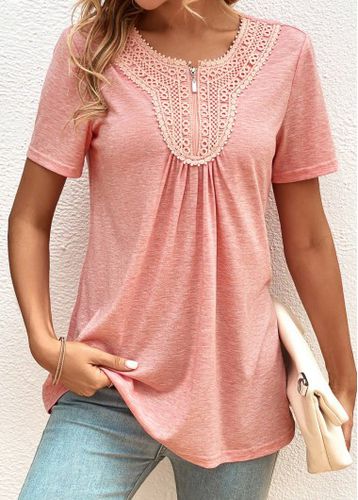 Pink Zipper Short Sleeve Round Neck T Shirt - unsigned - Modalova