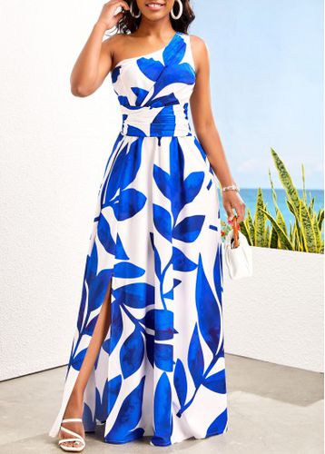 Blue Asymmetry Leaf Print Sleeveless Maxi Dress - unsigned - Modalova