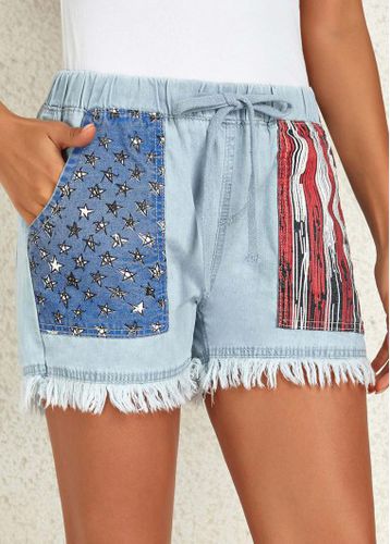 Dusty Blue Pocket Flag Print Regular Drawastring Jeans - unsigned - Modalova