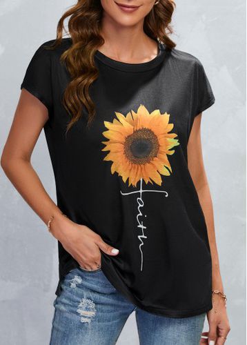 Black Lightweigh Sunflower Print Short Sleeve T Shirt - unsigned - Modalova