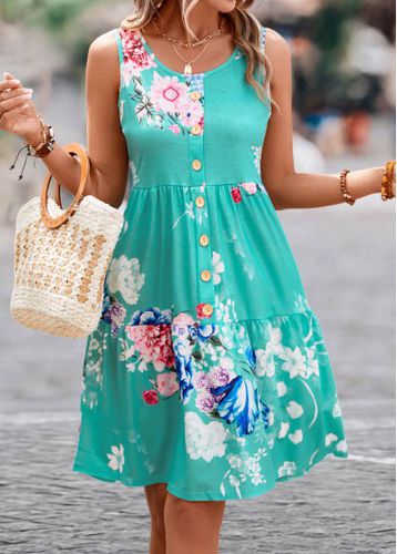 Mint Green Button Floral Print Short Sleeveless Dress - unsigned - Modalova