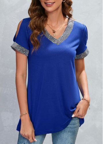 Blue Patchwork Short Sleeve V Neck T Shirt - unsigned - Modalova