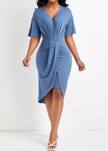 Dusty Blue Ruched High Low Bodycon Dress - unsigned - Modalova