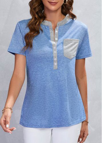 Blue Pocket Short Sleeve Stand Collar T Shirt - unsigned - Modalova