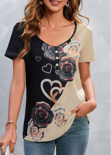 Black Button Heart Print Short Sleeve T Shirt - unsigned - Modalova