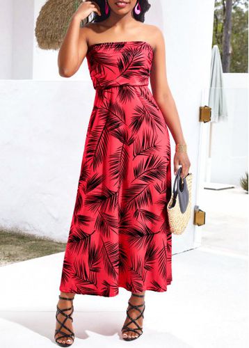 Red Umbrella Hem Leaf Print Sleeveless Maxi Dress - unsigned - Modalova