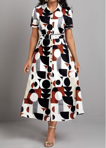 Multi Color Button Geometric Print Belted Dress - unsigned - Modalova