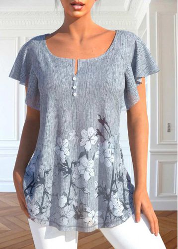 Grey Button Floral Print Short Sleeve T Shirt - unsigned - Modalova