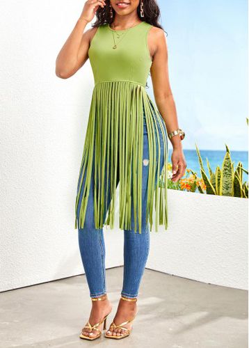 Avocado Green Tassel Sleeveless Round Neck T Shirt - unsigned - Modalova