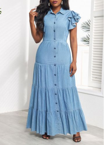 Denim Blue Ruffle Short Sleeve Maxi Dress - unsigned - Modalova