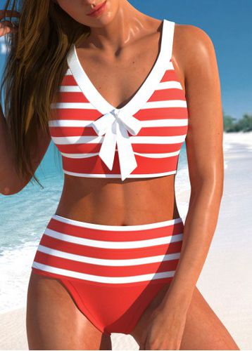 Patchwork High Waisted Striped Coral Bikini Set - unsigned - Modalova