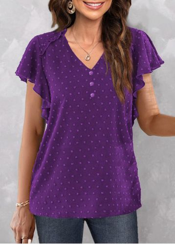Purple Button Short Sleeve V Neck Blouse - unsigned - Modalova