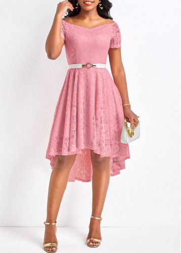 Pink Lace High Low Short Sleeve Dress - unsigned - Modalova