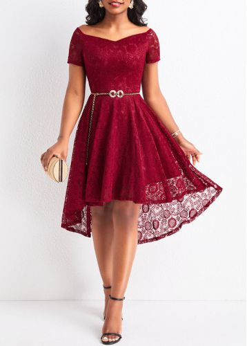 Wine Red Lace High Low Short Sleeve Dress - unsigned - Modalova