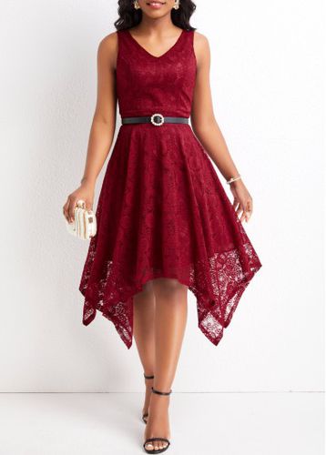 Wine Red Lace Sleeveless V Neck Dress - unsigned - Modalova
