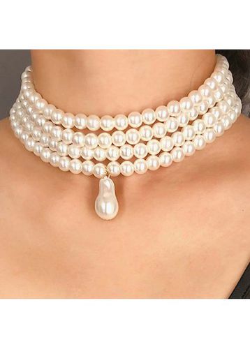 White Layered Deisgn Pearl Detail Necklace - unsigned - Modalova